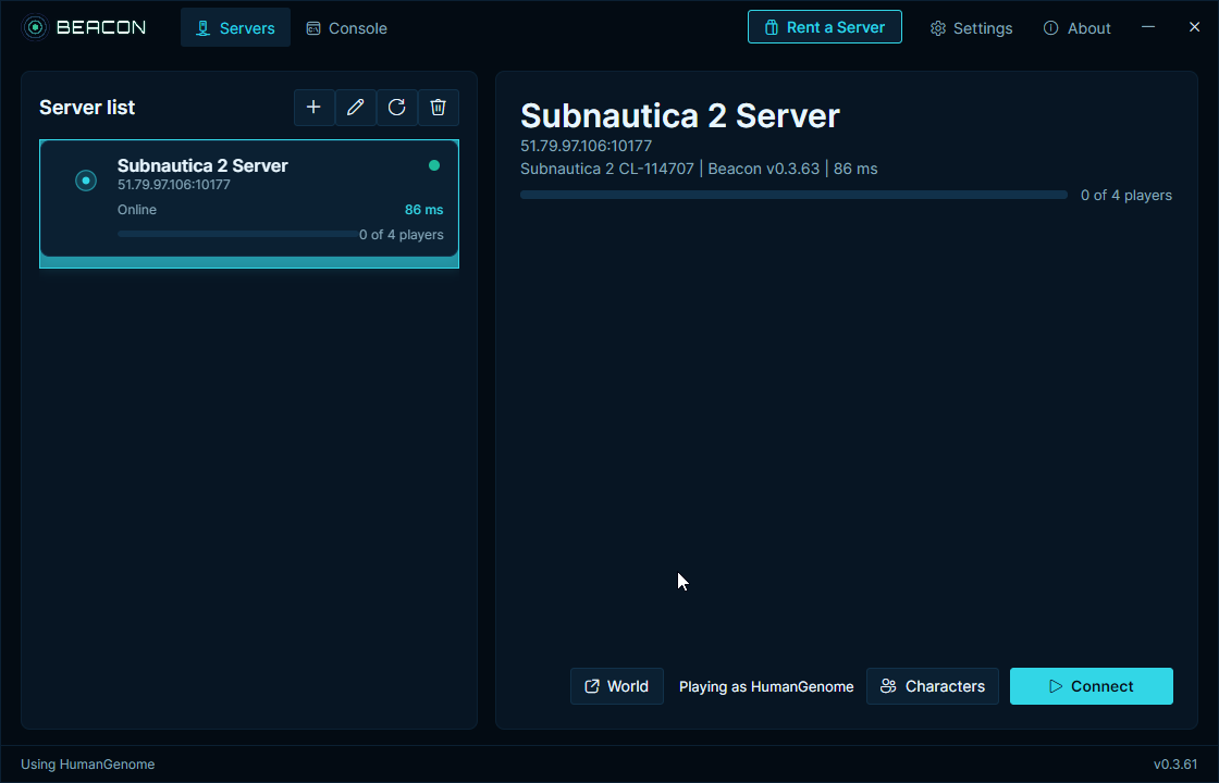 Beacon launcher connecting retail Subnautica 2 to a hosted dedicated server