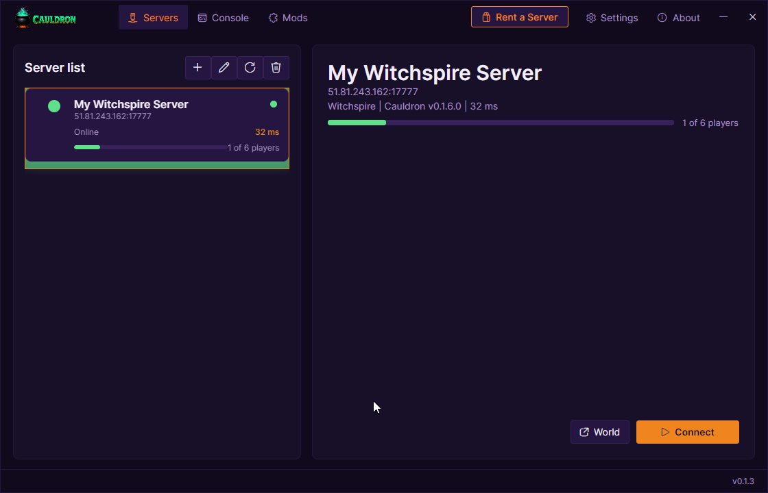 The free Cauldron launcher connected to a hosted Witchspire dedicated server by IP and port