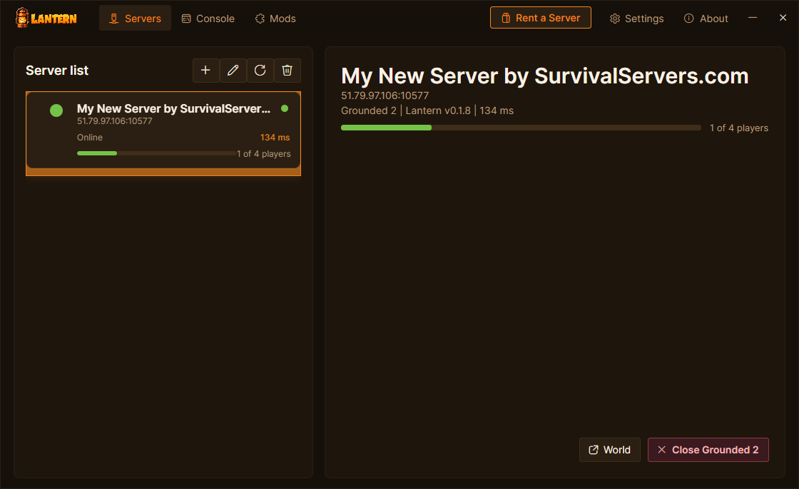 Retail Grounded 2 client connected in-world to a Lantern-hosted dedicated server