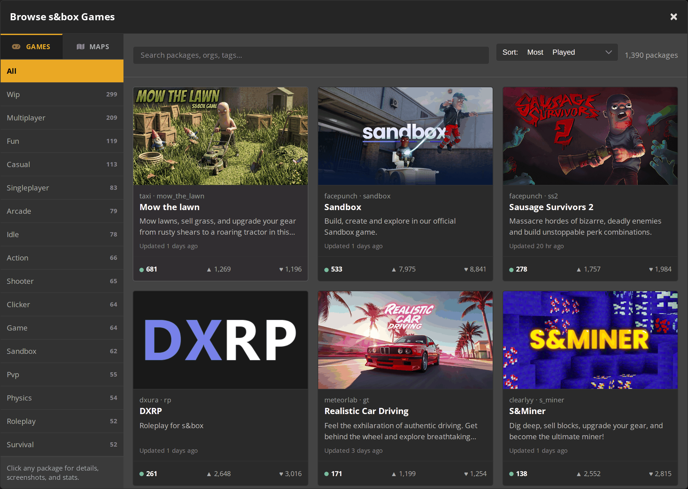 In-panel s&box.game catalog browser with sortable game packages