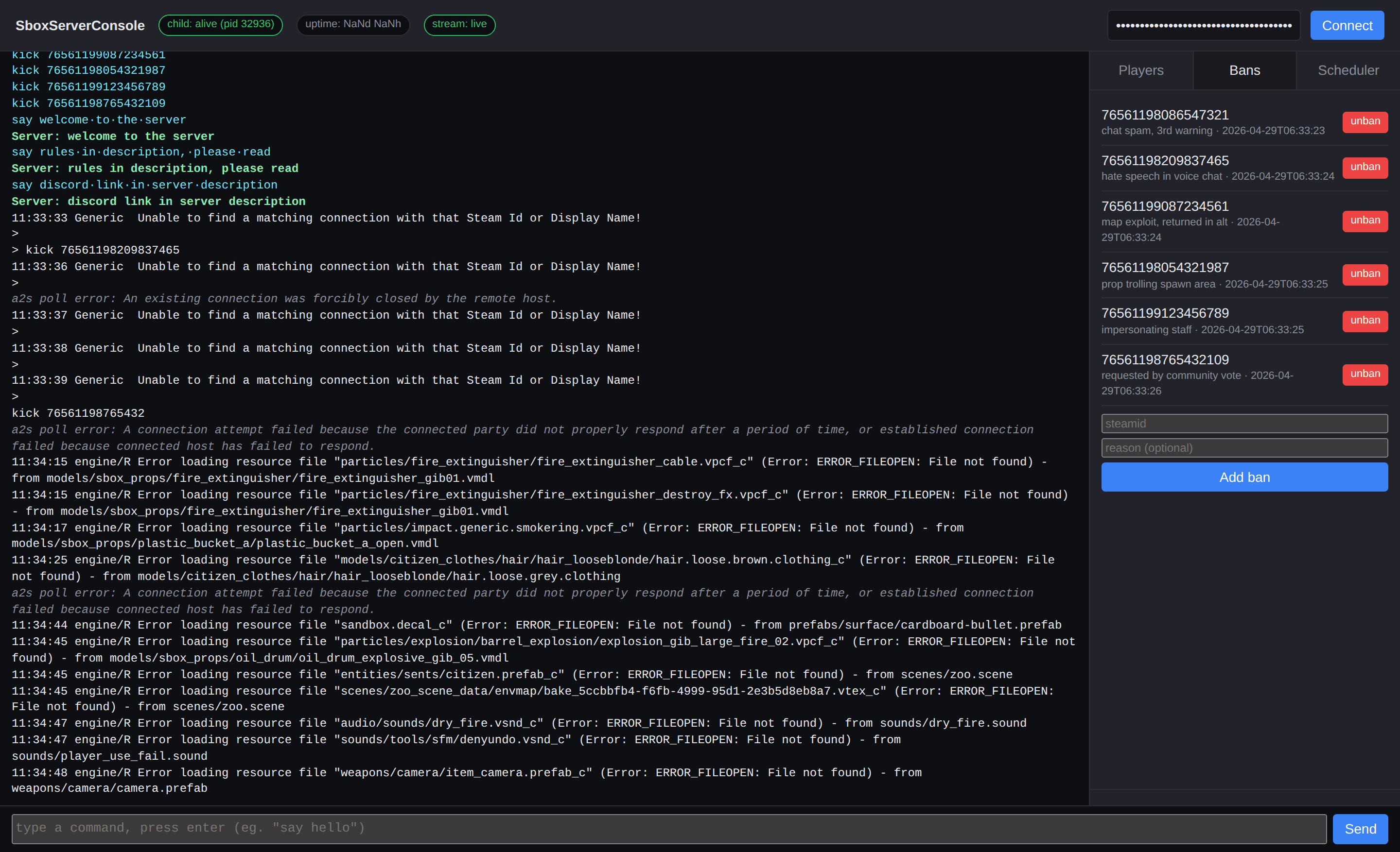 S&box Server Console live web dashboard with banlist and console feed