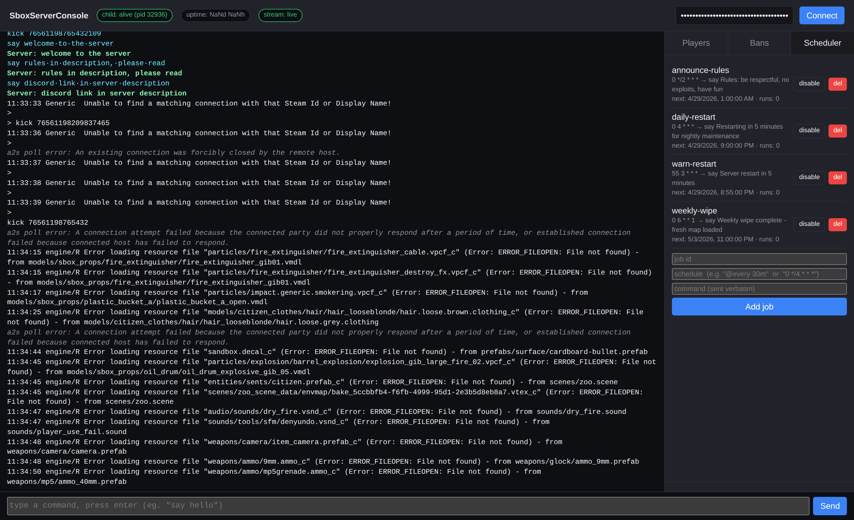 S&box Server Console scheduled commands tab with cron entries