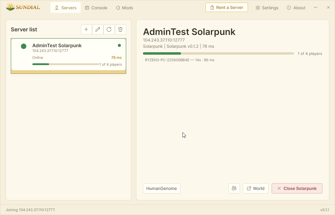 Sundial launcher connecting retail Solarpunk to a hosted dedicated server