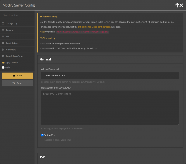 Modify Server Config tool with the General section open