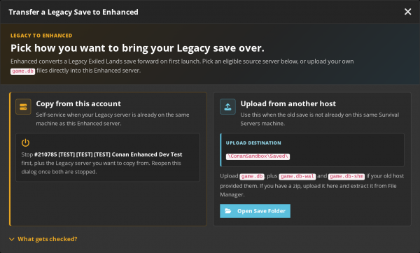 Migration Tools dialog showing eligible Legacy sources and the Upload from another host pane